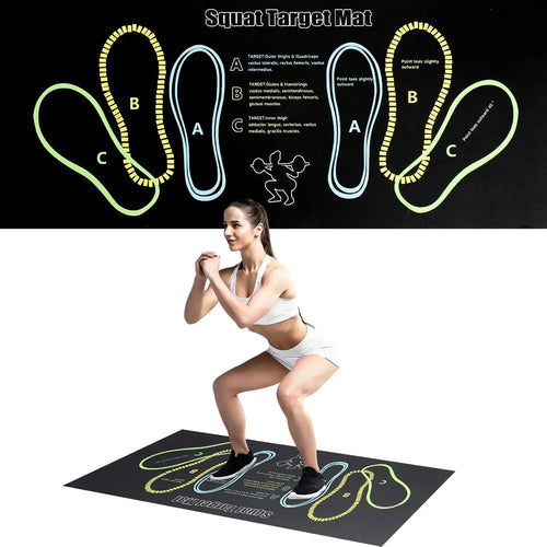 Tidesmit Squat Target Mat with color-coded foot placement guides for muscle targeting on a black workout surface.