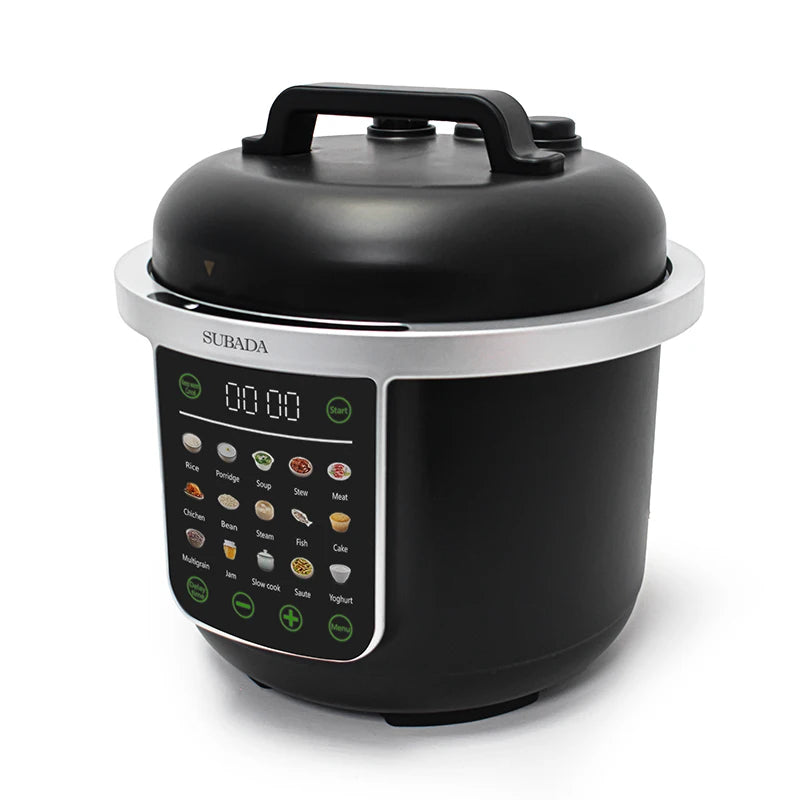 Black electric pressure cooker with top handle and front digital control panel