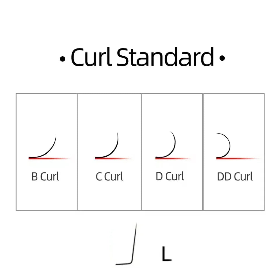 Lash extension curl guide displaying B, C, D, DD, and L curl styles in a simple black and white chart.