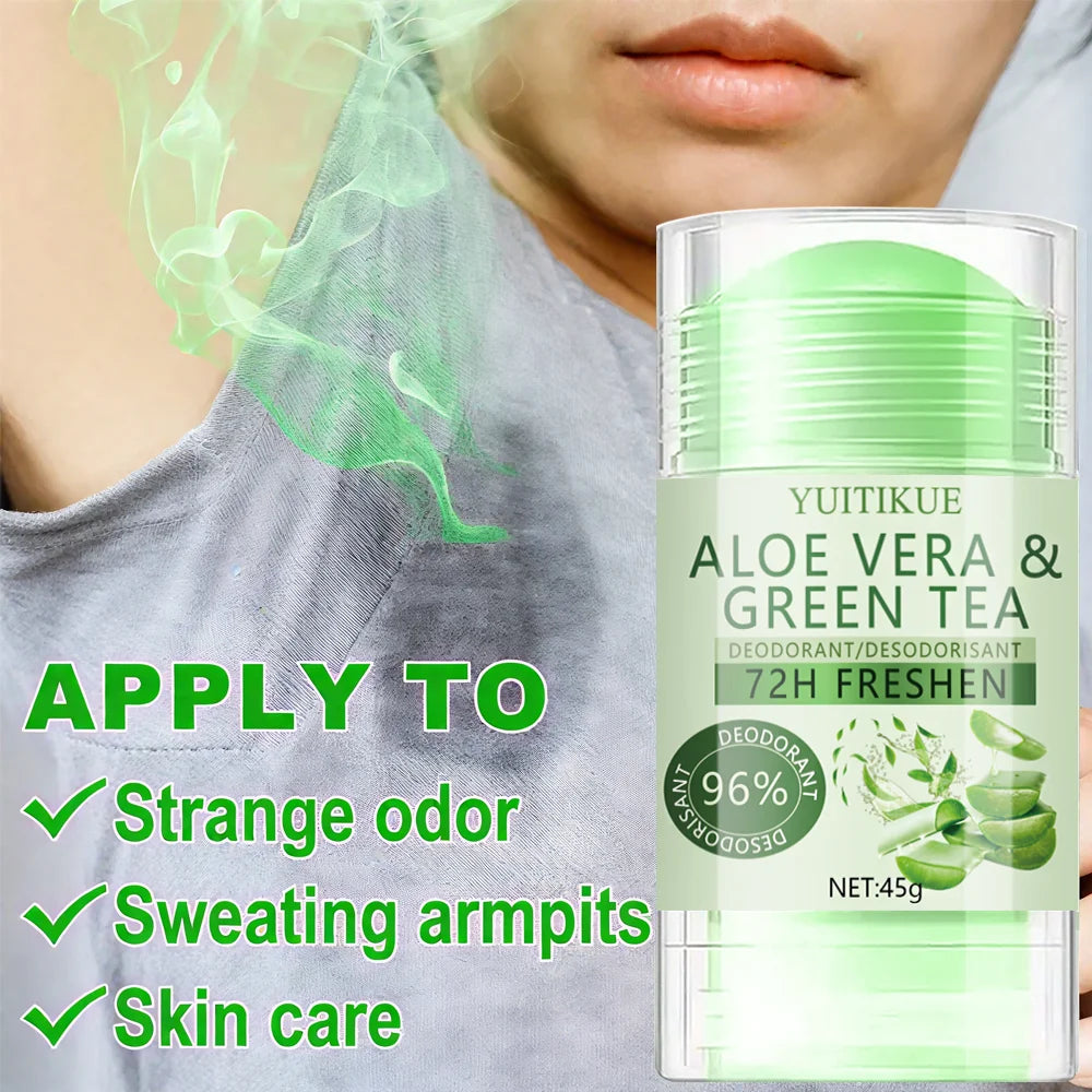 Tidesmit YUITIKUE Aloe & Green Tea Deodorant 45g providing 72H odor control, sweat protection, and skin care.