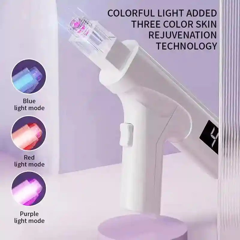 White handheld skin rejuvenation device with a needle tip, featuring blue, red, and purple light therapy modes.