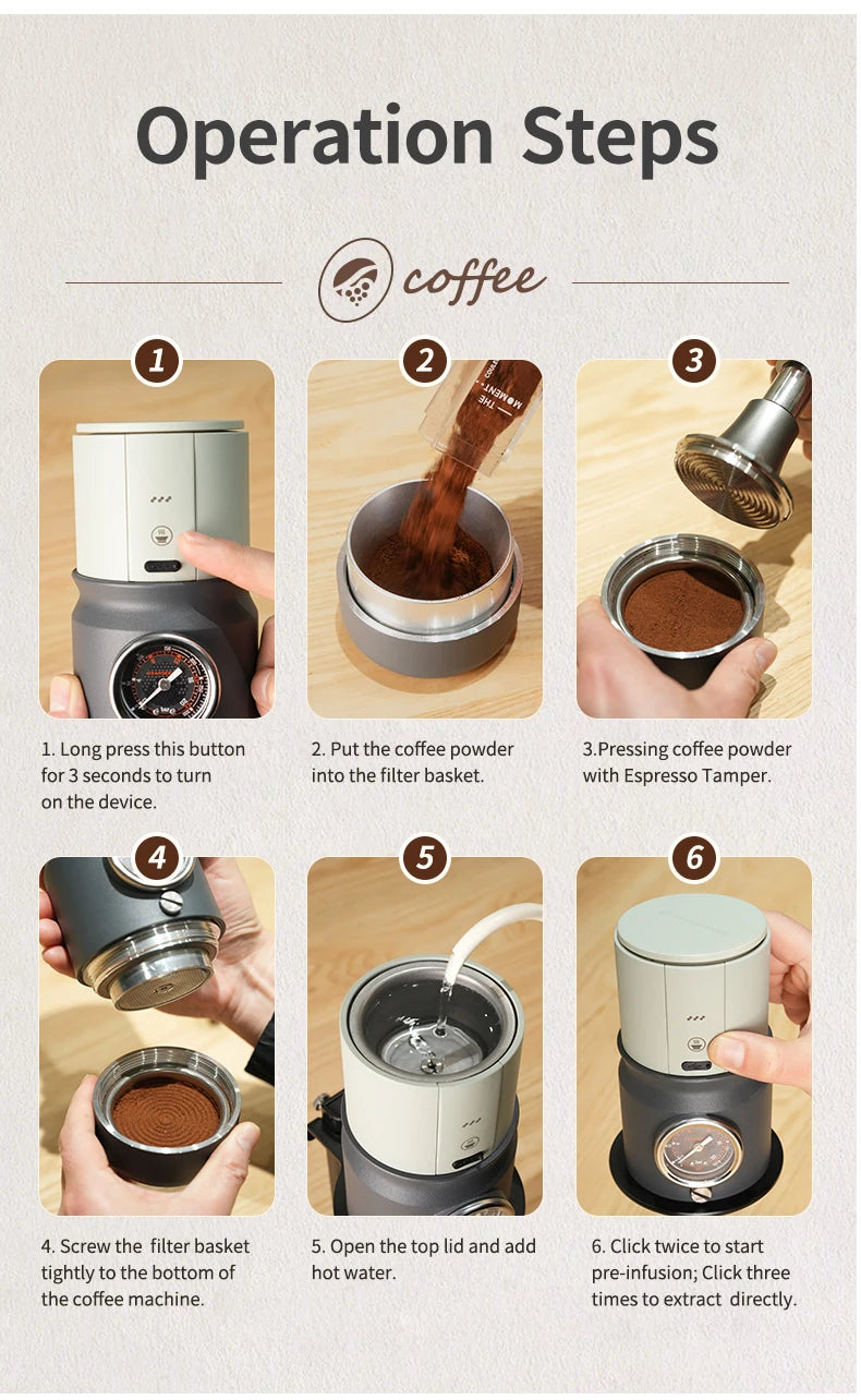 Gray and cream portable espresso maker with integrated pressure gauge showing 6-step manual brewing operation guide.