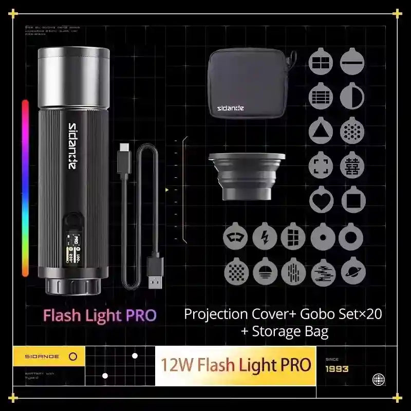 12W Flash Light PRO with black cylindrical body, USB-C cable, grey storage bag, collapsible cover, and 20 gobo filters.