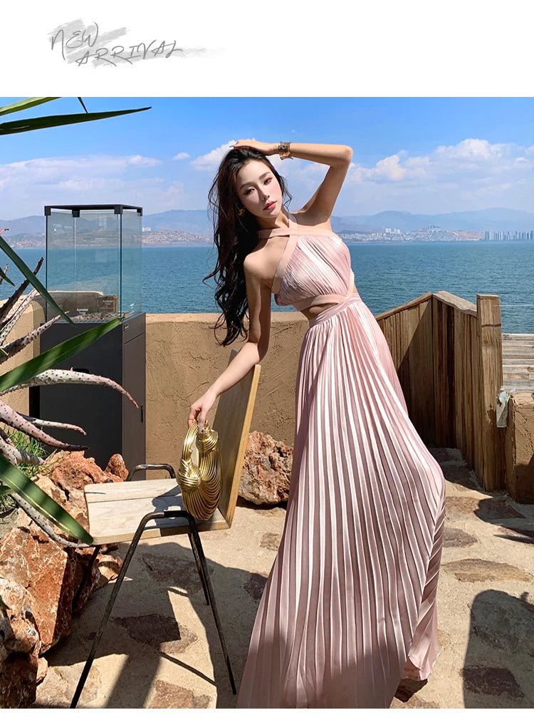 New Sexy Club Birthday Party Pleated Robe Long Dresses Women Summer Halter Neck Sleeveless Off The Shoulder Holiday Beach Dress