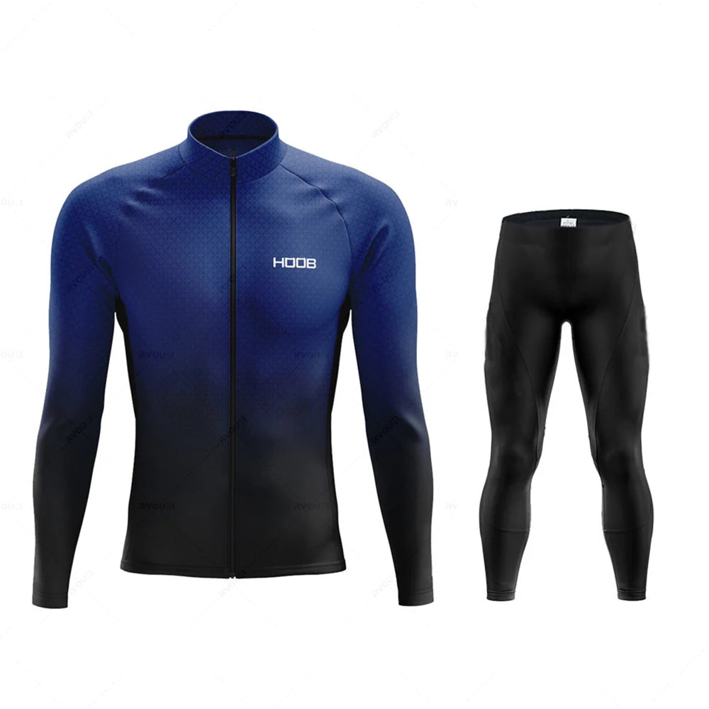 Tidesmit thermal cycling jersey set featuring a blue-to-black gradient long-sleeve top and solid black cycling tights.