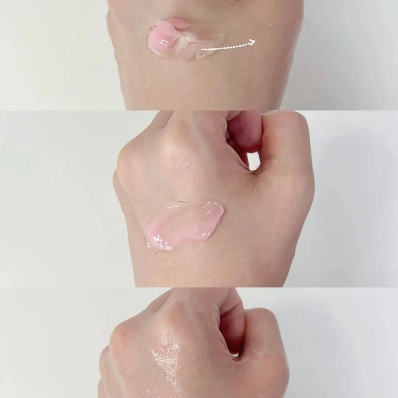 A three-step sequence showing a lightweight, translucent pink capsule cream being applied and blended into skin.
