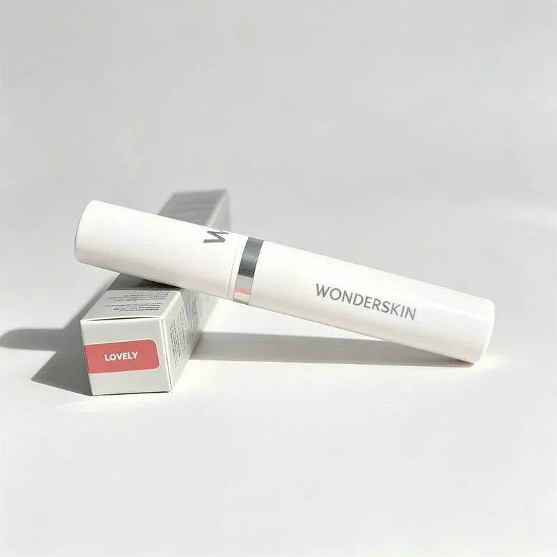 Wonderskin peel-off tattoo lip stain in Lovely, long-lasting matte lip tint in white tube with product box.