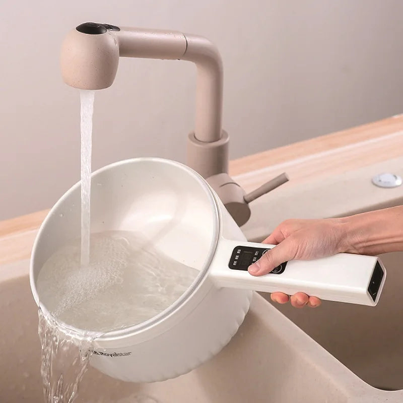 Electric steamer pot with pouring water from curved spout and digital control handle