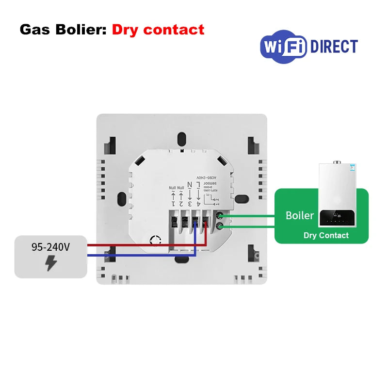 Gas boiler dry contact thermostat with WiFi DIRECT and terminal wiring