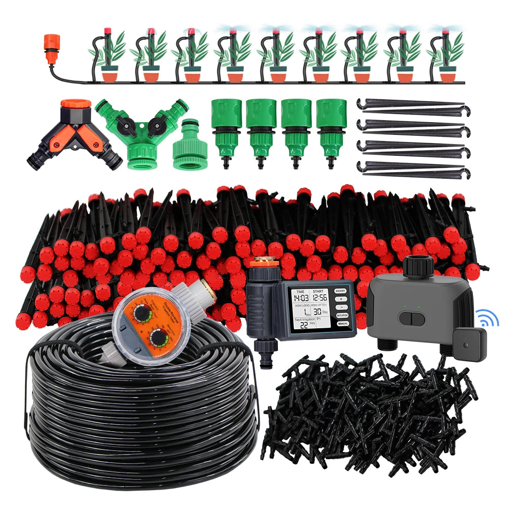 Automatic irrigation drip system kit with black controller, tubing, stakes, and red emitters
