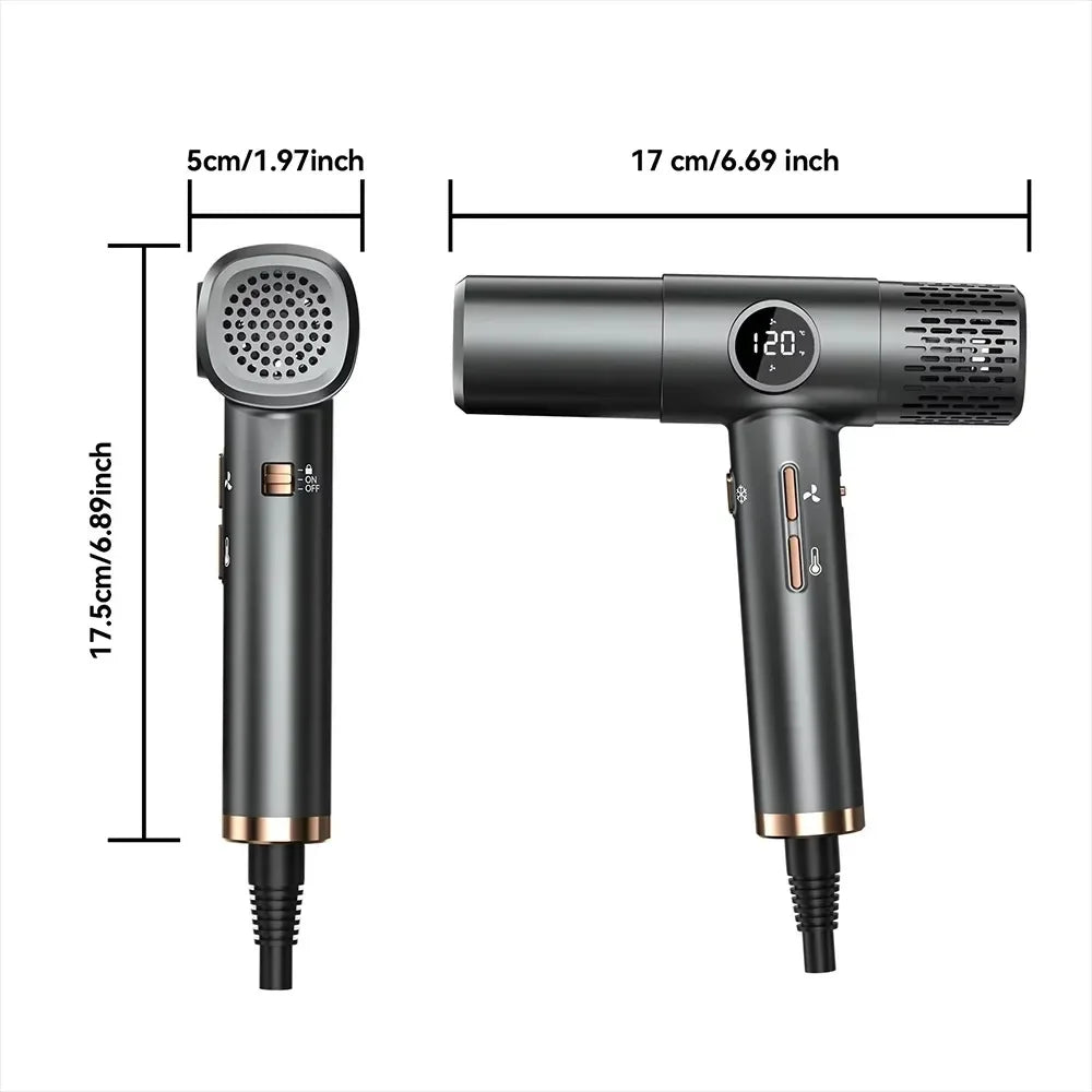 Grey high-speed hair dryer with LCD display, showing compact design dimensions and heat settings for professional use.
