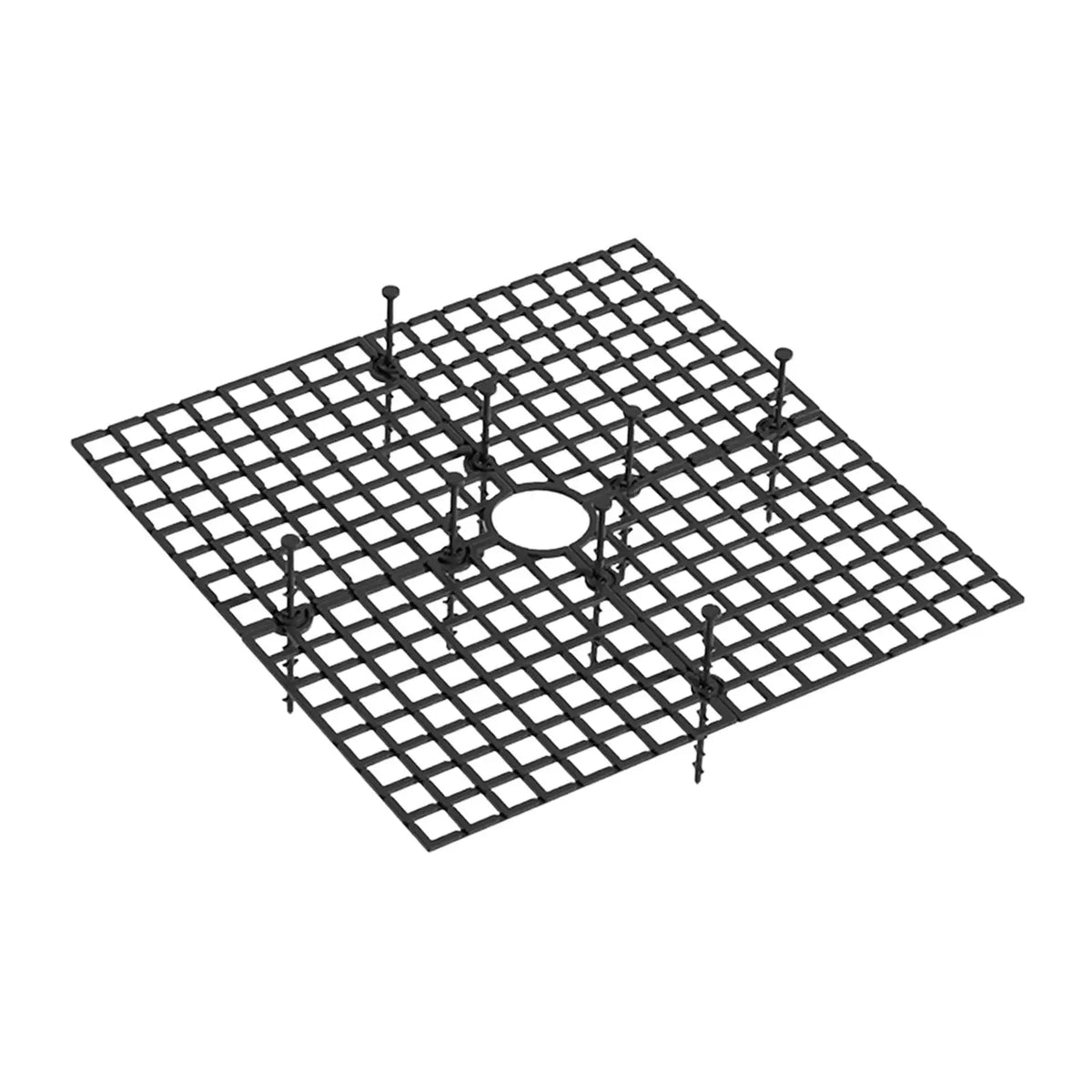Black square garden soil guard tray with grid pattern and central pot opening