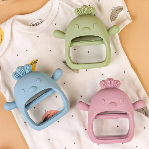 Green, blue, and pink silicone baby teething toys for soothing sore gums.