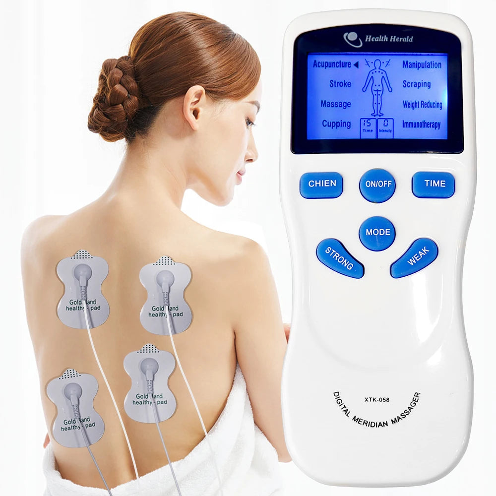 White 8-mode TENS/EMS dual channel pulse massager with digital display screen on a woman using electrodes on her back.