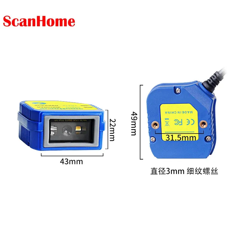 Blue barcode scanner with yellow label showing size measurements and attached cable