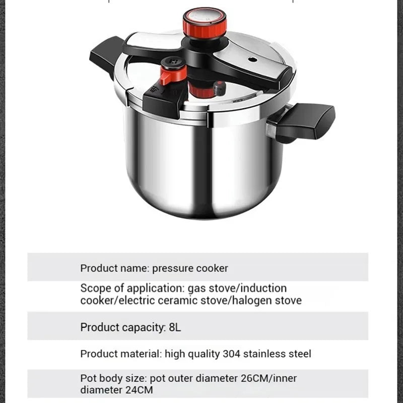 8L 304 stainless steel pressure cooker with pot size 26cm outer, 24cm inner diameter