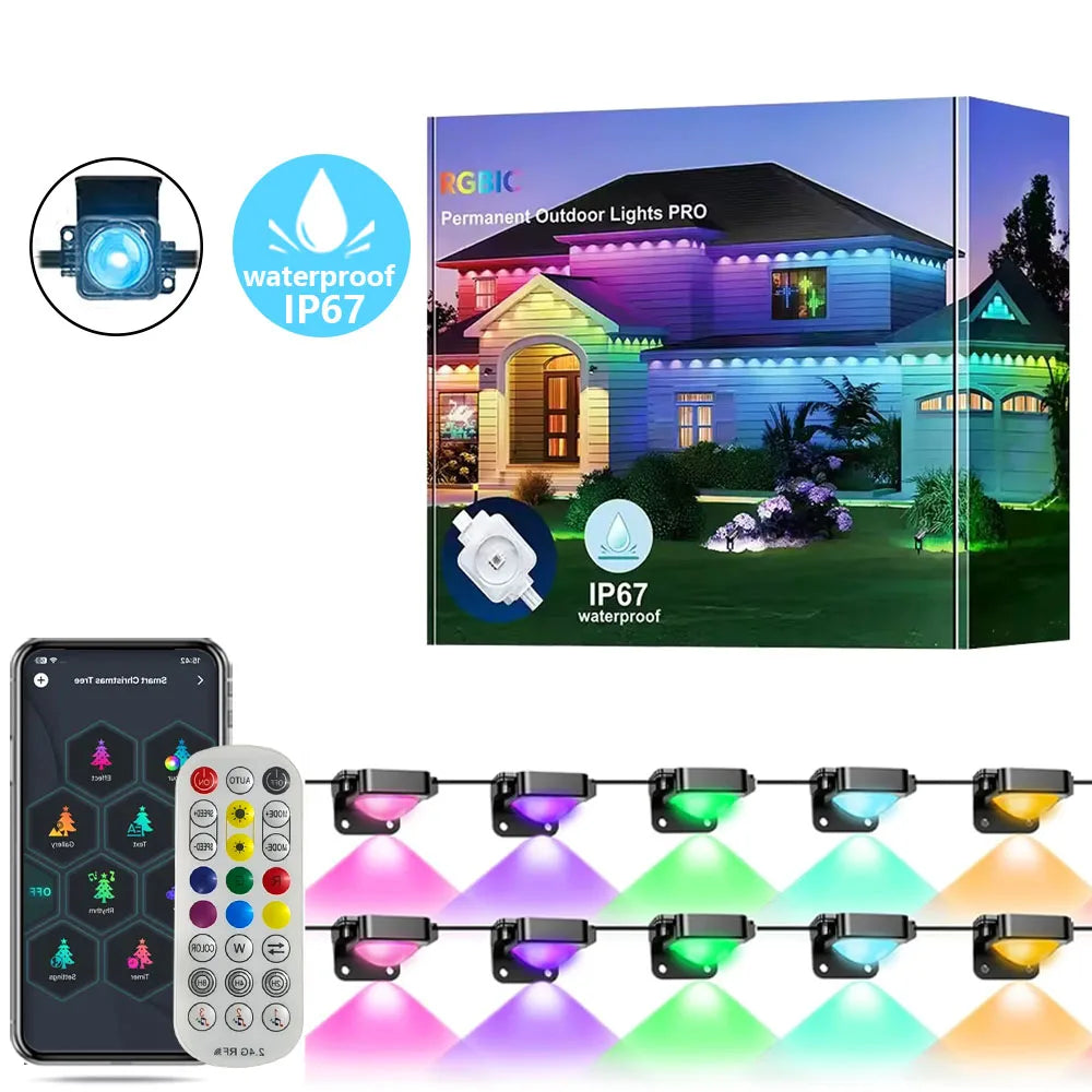 LED Permanent Outdoor Lights IP67 Waterproof RGBIC Eave Lights With Remote for Christmas New Year Roof DIY Holiday String Light
