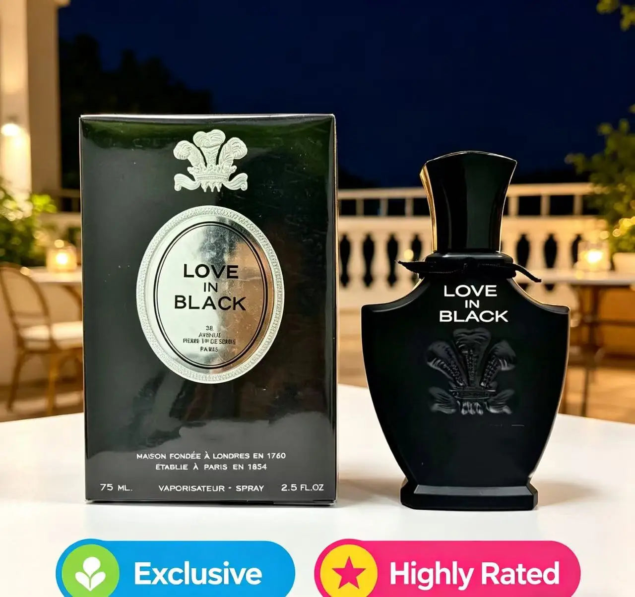 Creed Love in Black 75ml floral perfume for women in iconic black bottle with white embossed logo and luxury packaging.