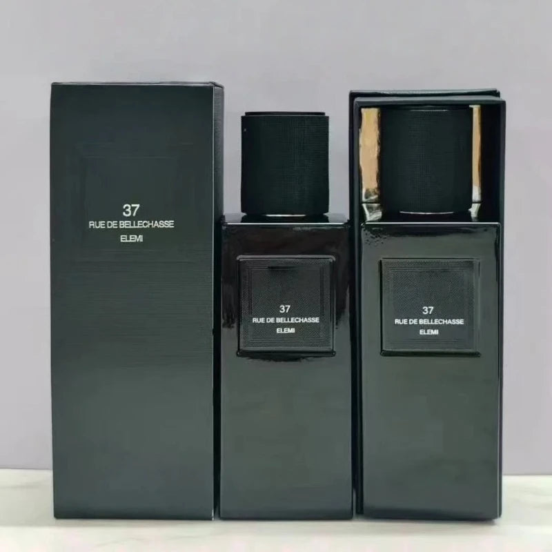 37 Rue de Bellechasse Elemi: 125ml unisex oriental woody grapefruit perfume in a sleek, rectangular black glass bottle.