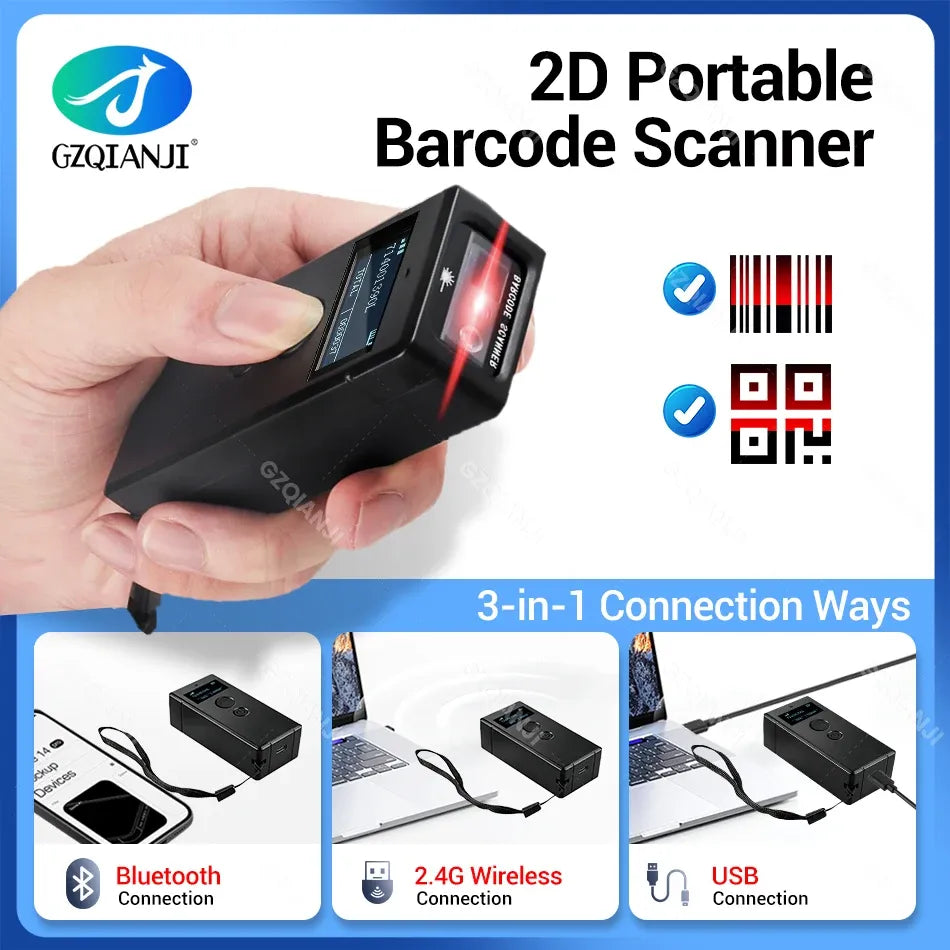 LCD Screen Bluetooth 2D Barcode Scanner with Display Support Mobile Phone iPad Wireless Barcode Reader 1D 2D QR Bar Code Machine