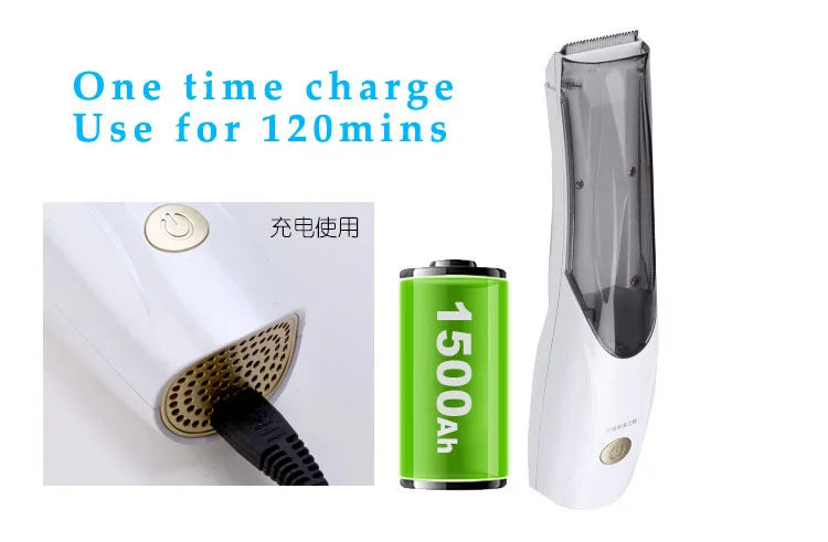 White rechargeable pet hair vacuum clipper for easy dog and cat grooming. Features 3-speed switch and long 120-min use.