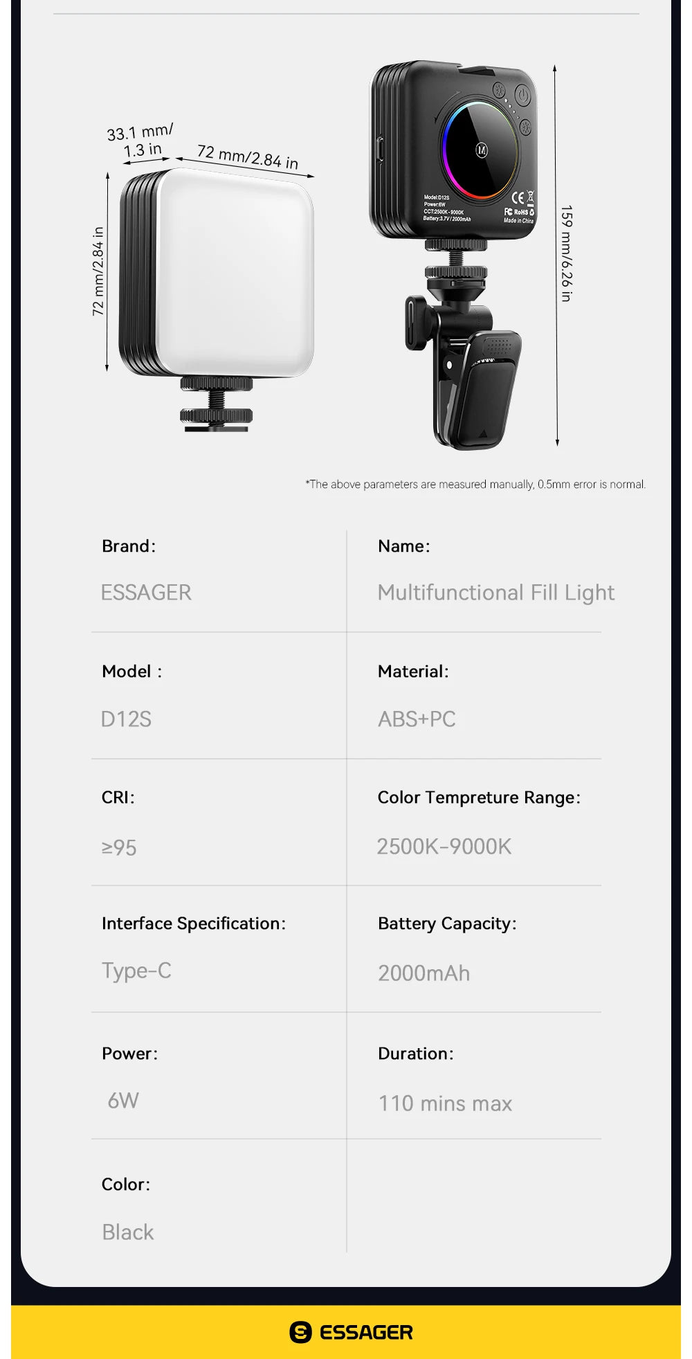 Black square LED fill light with an adjustable clip, showing dimensions and technical specifications.