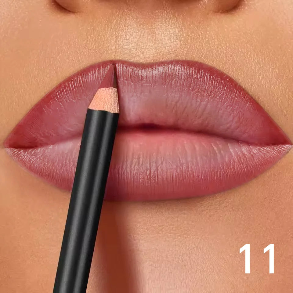 Waterproof matte lip liner pencil being applied for a precise, long-lasting, non-transfer matte finish on lips.