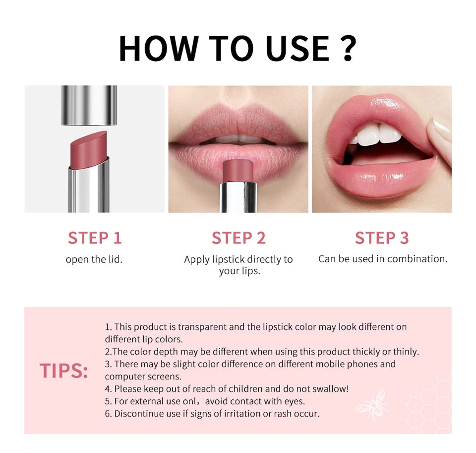 Instructional guide for nourishing honey lipstick showing a pink tinted moisturizing balm application for glossy lips.