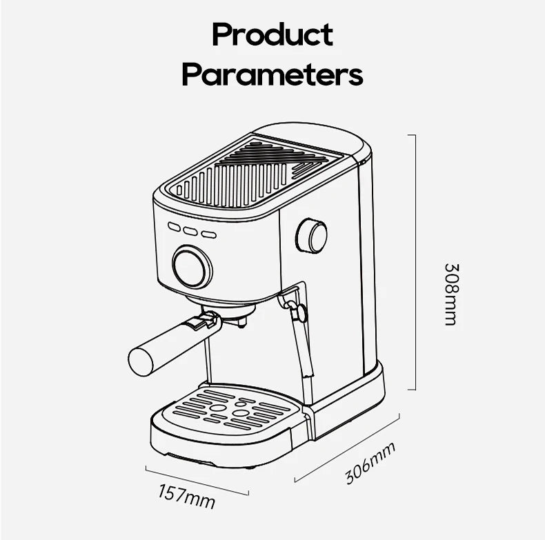 Line drawing of compact espresso coffee machine with dimensions 308x306x157mm, showing portafilter and steam wand.
