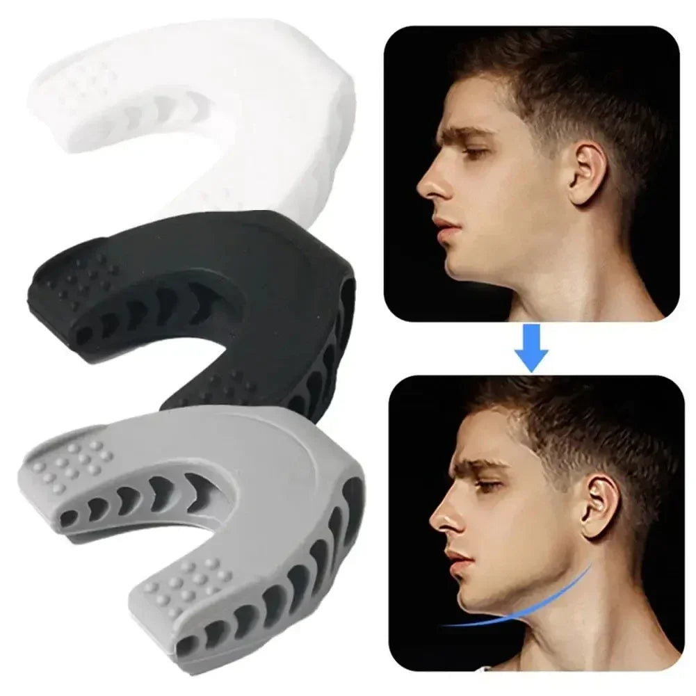 White, black, and grey silicone jaw exerciser tools, shown with a before-and-after of a man's defined jawline.
