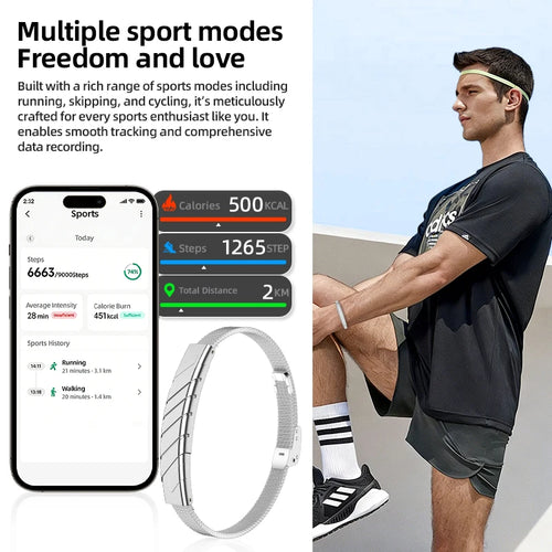 Screenless smart health wristband on a man’s wrist, silver mesh band style.
