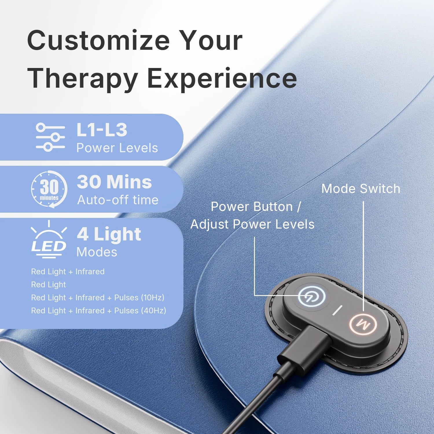 Blue red light therapy mat with a black controller showing power, timer, and light mode settings via callout labels.