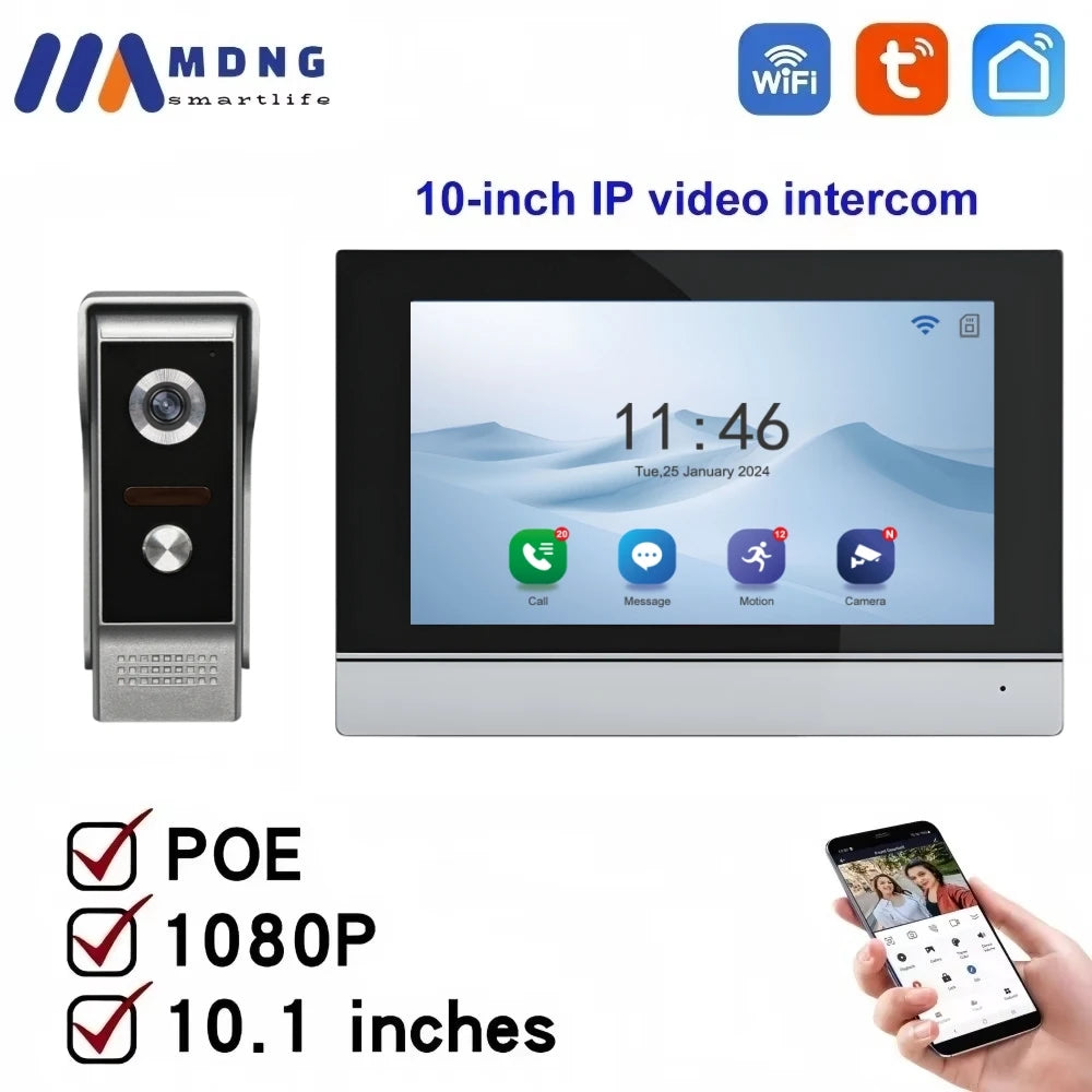 TUYA 1080P 10 Inch Video Intercom Touch Screen Wireless WiFi POE Wired Doorbell RFID Access Control Night Vision Waterproof