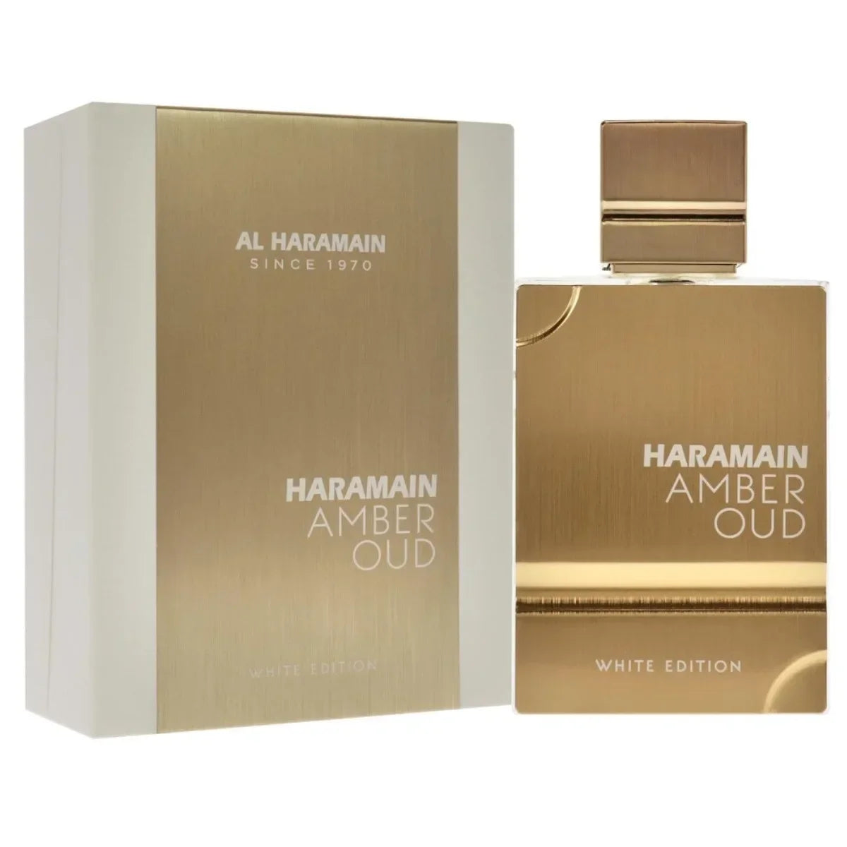 Al Haramain Amber Oud White Edition unisex perfume: gold rectangular bottle, amber oud floral scent, 60ml daily cologne.