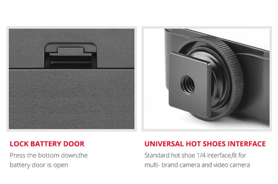 Close-up of a black camera battery door latch and a universal hot shoe mount with a 1/4-inch threaded interface.