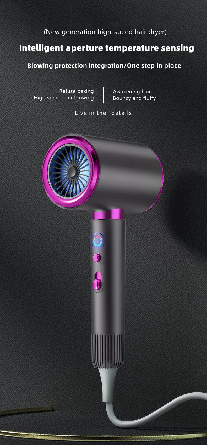 2400W high-speed ionic hair dryer in dark grey and purple with blue light tech for salon-quality, frizz-free drying.