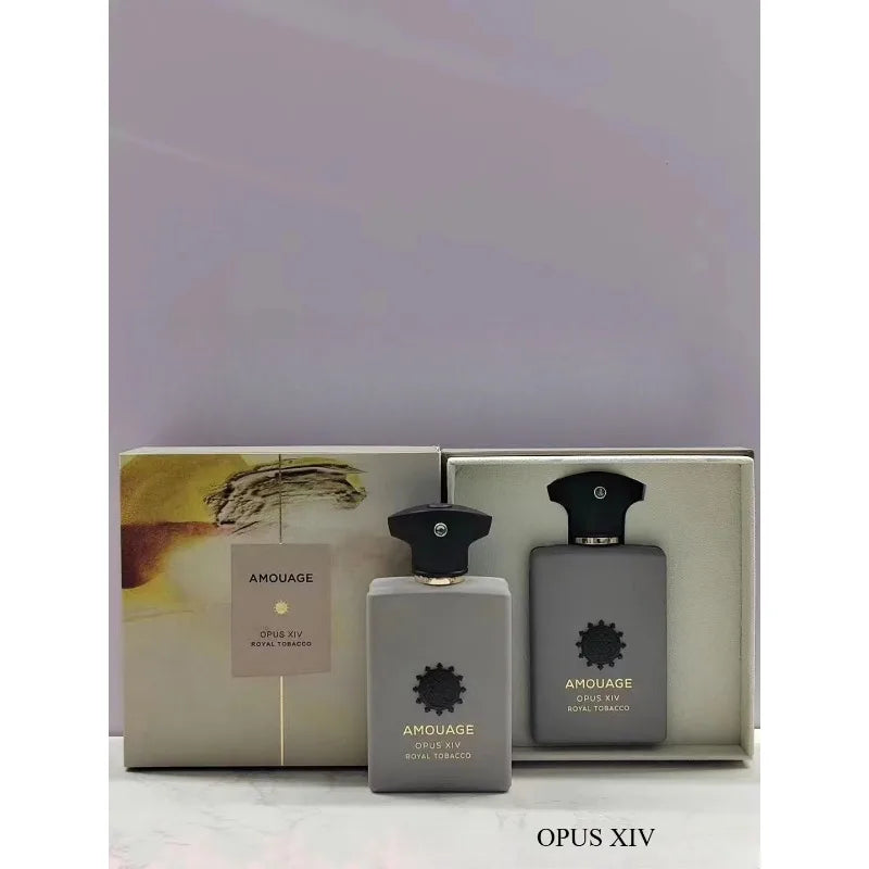 Amouage Opus XIV Royal Tobacco EDP. Grey rectangular bottle, luxury aromatic tobacco scent for men and women. Gift set.
