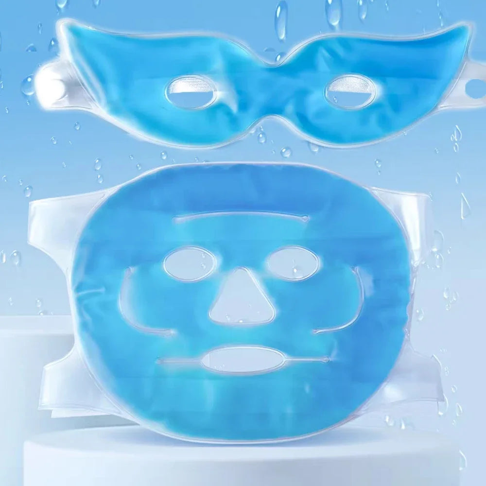 Blue gel cooling face mask and eye mask set made of transparent PVC against a blue water-drop background.