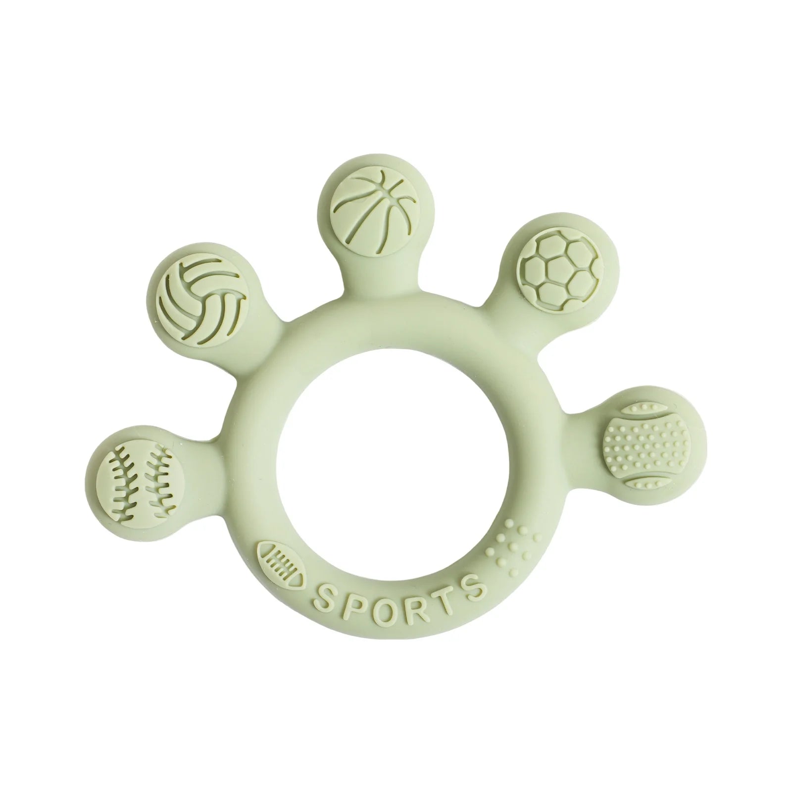 Sage green silicone sports baby teething ring for relief and sensory play.