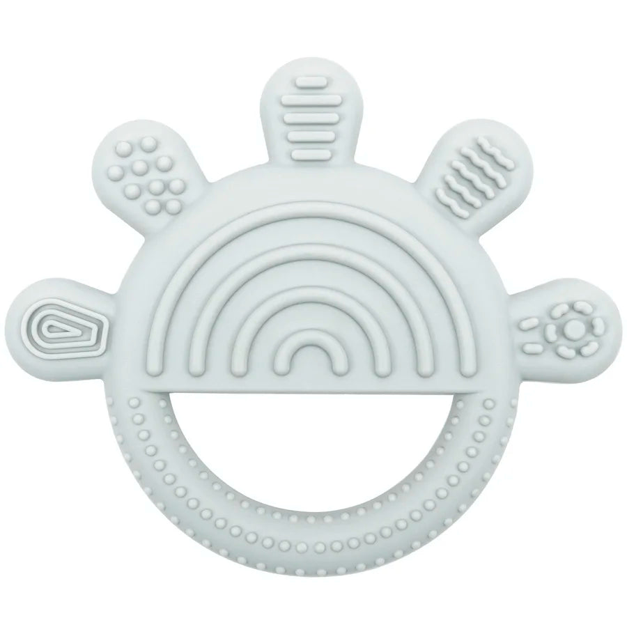 Light blue silicone baby teething toy with rainbow design for soothing teething relief.