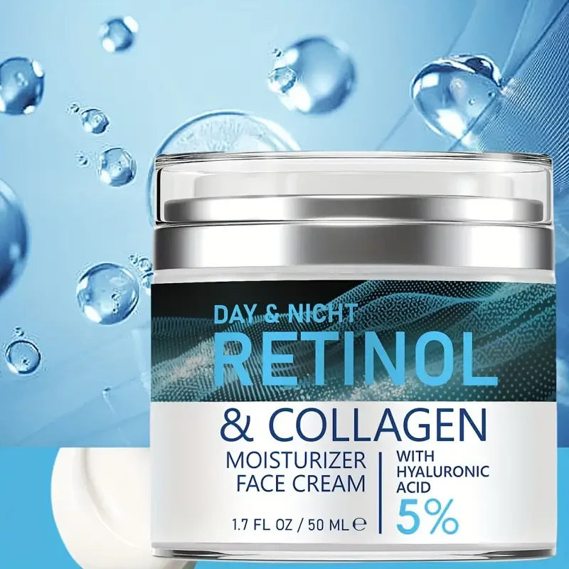 Jar of Ennisha Retinol & Collagen face cream against a blue background with floating water droplets.