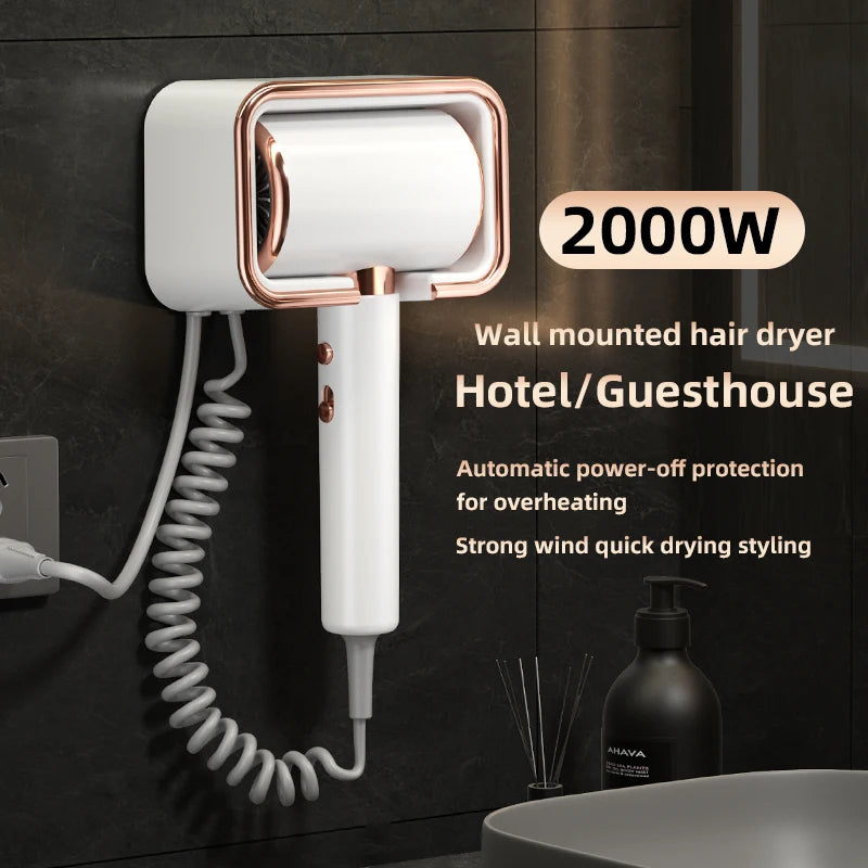 White and rose gold wall-mounted 2000W hair dryer with coiled cord for home bathrooms and hotels.