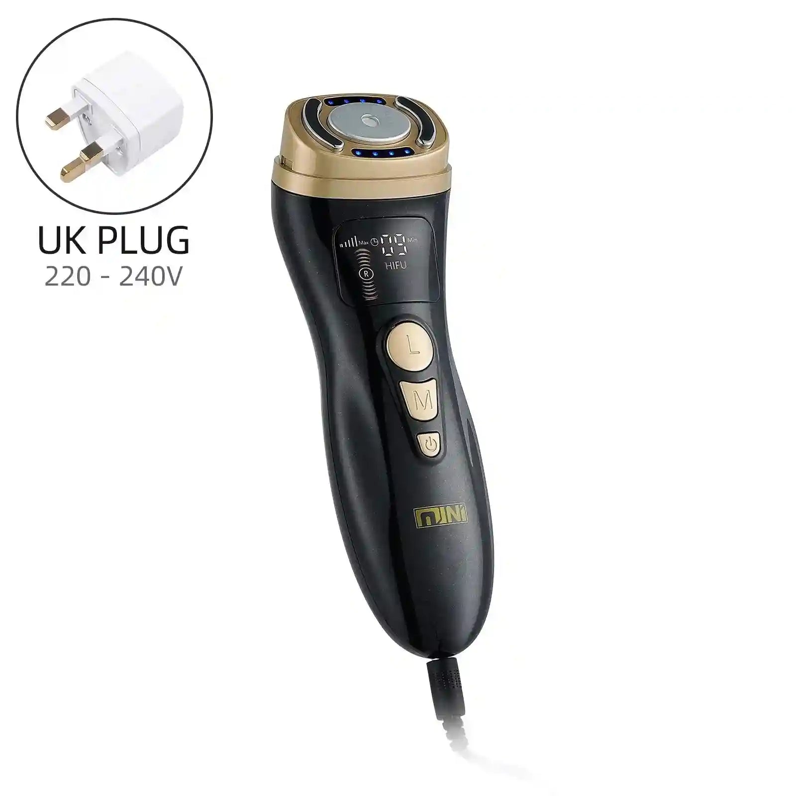 Black and gold handheld facial beauty device with a metallic treatment head, digital display, and UK power adapter.
