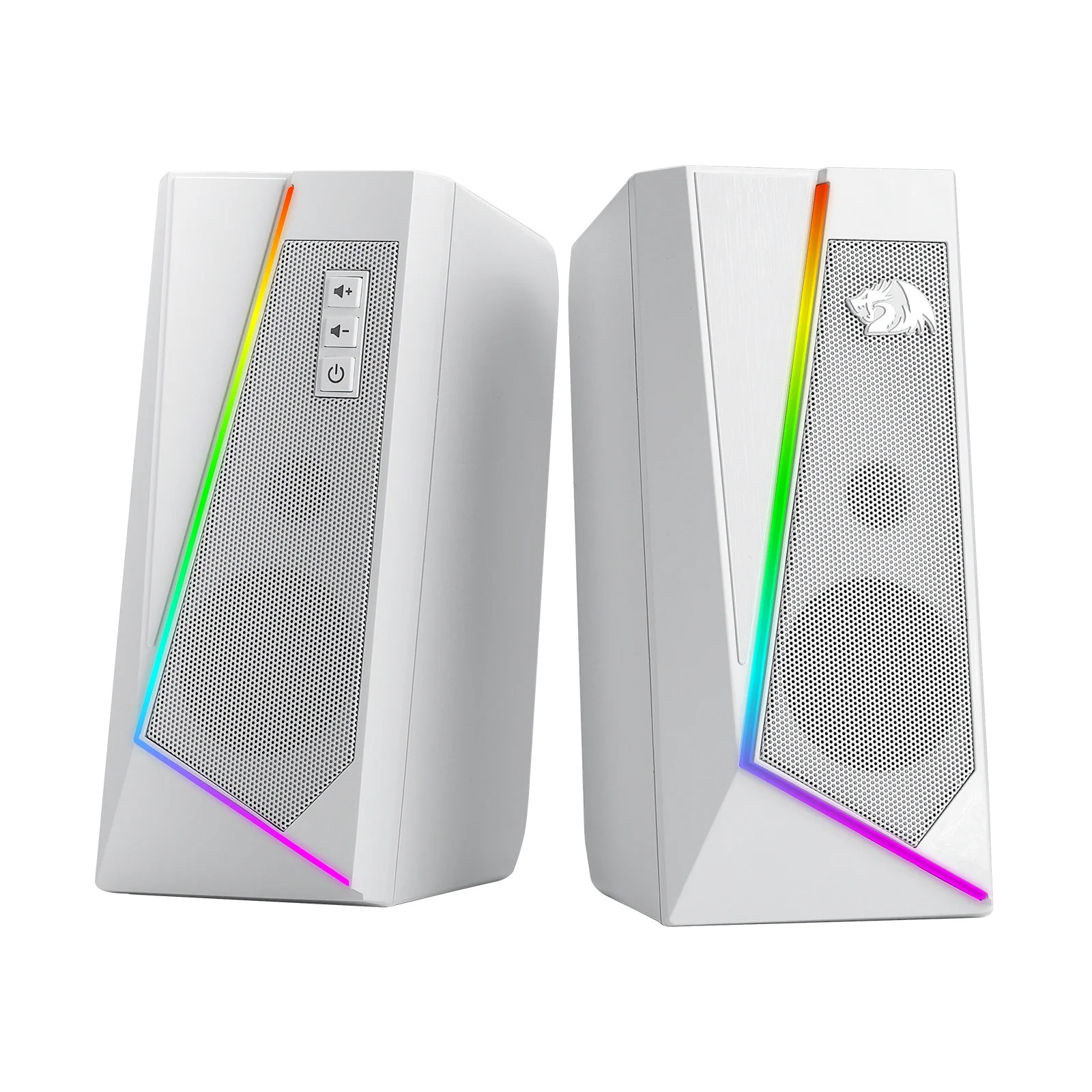 White sound machine for sleep, pair of white speakers with volume buttons, power button, and RGB light display.