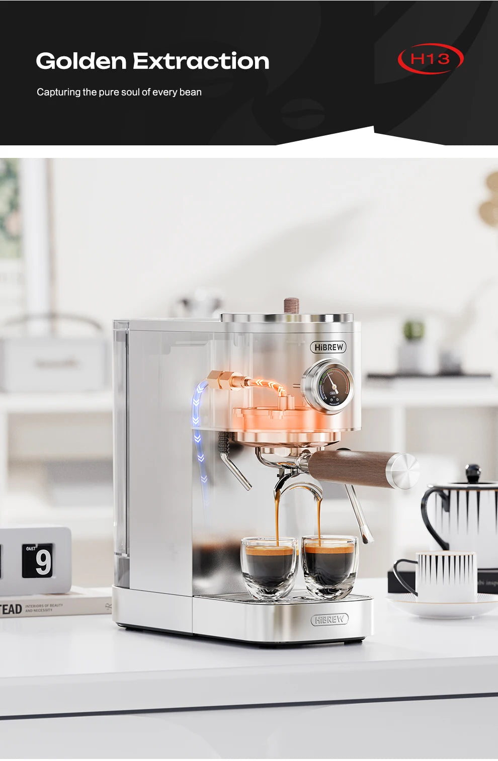 HiBREW H13 silver stainless steel espresso machine with wood-accented portafilter brewing two shots of coffee.