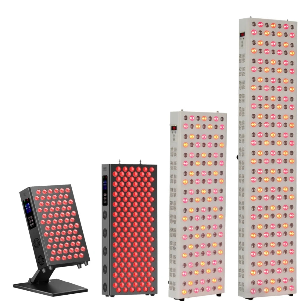 LED red light therapy panels for face and body, featuring 660nm and 850nm wavelengths for pain relief and anti-aging.