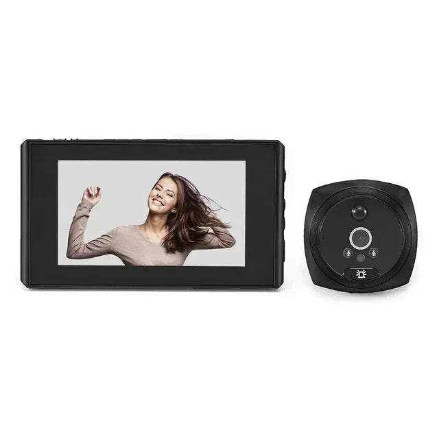 Black door peephole camera monitor with 4.5-inch screen and round black outdoor camera