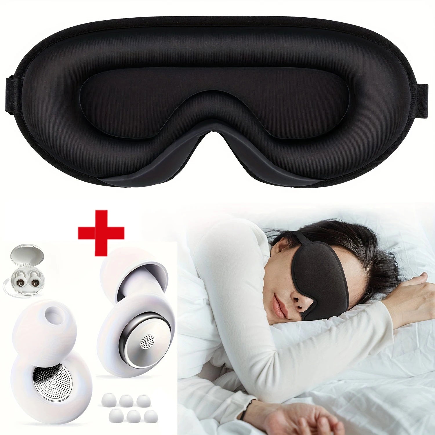 3D Sleep Mask with Integrated Earplugs - Ergonomic Light Blocking White Tidesmit