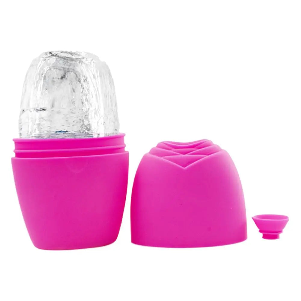 Hot pink silicone ice facial roller mold with a rose-shaped cap and small plug, showing an ice cube insert.
