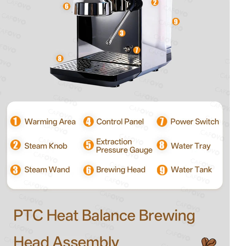 Cafovo stainless steel espresso machine with steam wand, pressure gauge, and labeled brewing features.